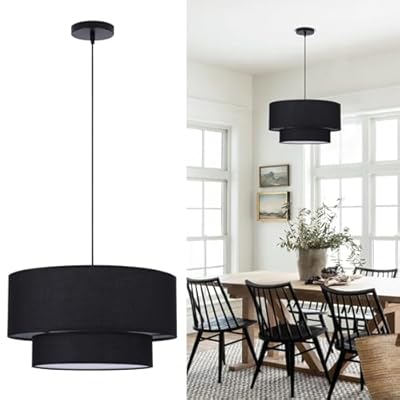 18” Modern Double Drum Fabric Pendant Light, Drum Chandelier with Black Lampshade E26 Base, 3 Light Dining Room Light Fixture Farmhouse 2-Tier Chandelier for Bedroom and Living Room(Bulb not included)