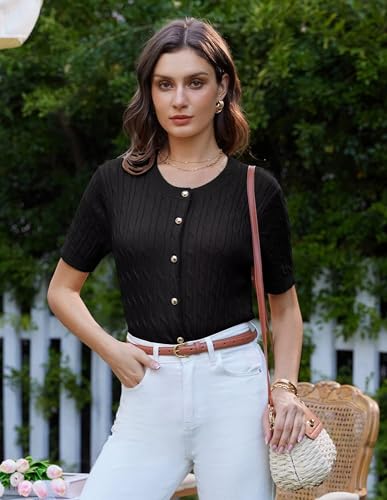Image of GRACE KARIN Short Sleeve Cardigans Sweater for Women Black Cable Knit Button Up Fall Cardigan Dressy Casual Shrug S