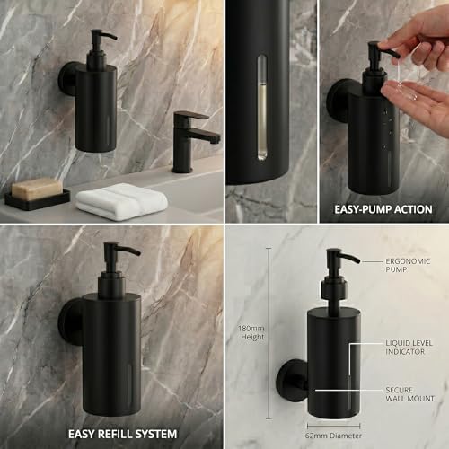 Image of Premium Wall Mounted Liquid Soap Dispenser - 304 Stainless Steel Holder with Frosted Glass Bottle | Rust-Proof Hand Wash Pump for Bathroom, Kitchen, & Wash Basin (Round 10BL)
