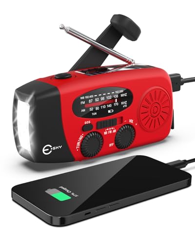 Esky Emergency Hand Crank Radio 7400mWh with 3 LED Flashlight, AM/FM/NOAA Portable Weather Radio with Rechargeable 2000mAh Battery, Solar Powered Radio for...