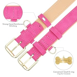 Leather Dog Collar for Small Medium Large Dogs, Soft Padded Dog Leather Collar with Heavy Duty Gold Buckle, Durable & Comfortable for Puppy Dogs Daily Walking (Hot Pink, XS)