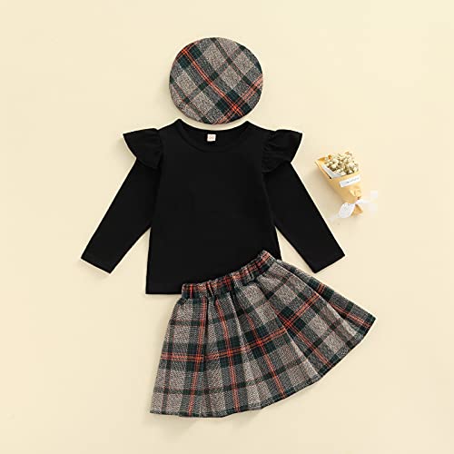 Wyoukid 1-6T Toddler Baby Girls Autumn Outfit Long Sleeve Shirt Tops+Plaid A-Line Skirt+Hat 3Pcs Spring Winter Clothing (Black, 2-3T) (Wyoukid-Baby-20) #TOP1