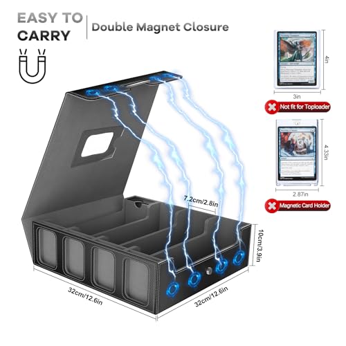 Image of 3200+ Trading Card Storage Box with Commander Display, 4 Row Card Deck Box with Portable Handle, Compatible for TCG /MTG /Magic Cards, 30 Colorful Divider, 8 Supporters, US Design Patent (Black&Grey)