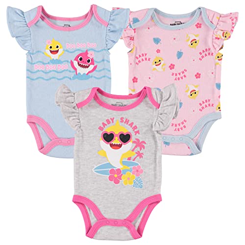 Baby Shark Infant Baby Girls' Bodysuit Baby Girl 3 Pack Gift Set (Blue/Grey/Pink, 6-9 Months)