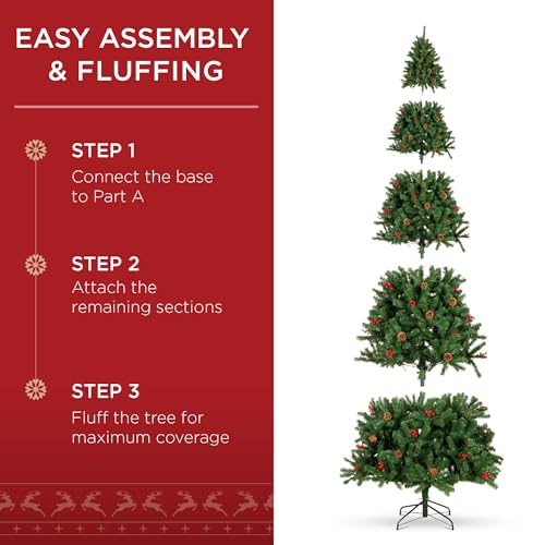Image of Best Choice Products 12ft Pre-Lit Pre-Decorated Artificial Christmas Tree Spruce w /Twinkling LEDs Pinecones, Berries, 1,300 Lights, w / 4,188 Tips