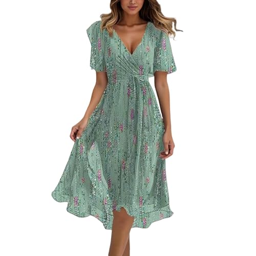 Nuaoxyeu Hängerchen Kleid Damen Sommer Chiffon Strandkleid Damen 2025 Boho Lange Kleid Mit Gürtel Elegant V-Ausschnitt Sommerkleid Sommer Maxi Dress...
