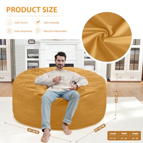 5FT Bean Bag Chair, Large Bean Bag Chairs with Memory Foam Filled, Fluffy Beanbag Sofa with Dutch Velvet Cover, Round BeanBag Chairs for Living Room, Playroom - Mustard
