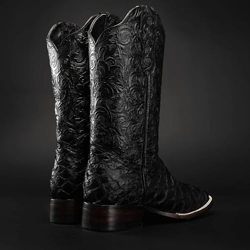 Rodeo Cartie Men's Genuine Exotic Pirarucu Monster Fish Skin Square Toe Boots - Black4