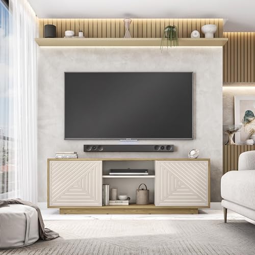 Modern 70” TV Stand for Living Room or Bedroom, Entertainment Center with Two Cabinets and Storage, OAK TV Stand with Cable Management fits Screens up to 70\" when Measured Diagonally, Natural Oak