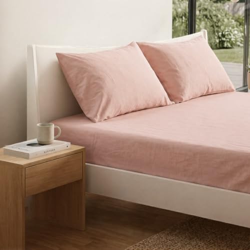 Image of 100% Cotton Queen Size Fitted Bedsheet Set (80x60 inches) with 2 Pillow Covers (18x27 inches) - Percale Weave, Soft & Breathable | (Blush Pink)