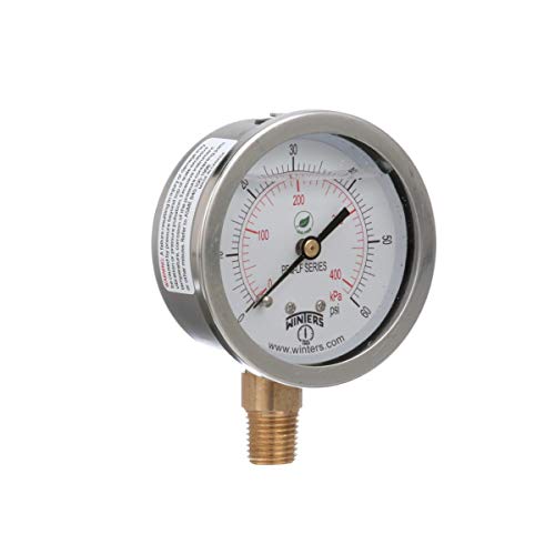 Image of Winters 2-1 /2 inch Dial Size, Liquid Filled Industrial Pressure Gauge, Potable Brass, 304 Stainless Steel Case, Dual Scale 30 inch Hg-0-150 psi /kPa, 1.5% Acc, 1 /4 inch NPT Bottom Mount, Pressure & Vacuum Gauge