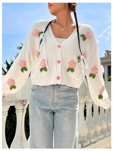 GORGLITTER Women's Floral Button Up Cropped Cardigan Fall Sweaters Long Sleeve Open Front Knit Tops Trendy 20254