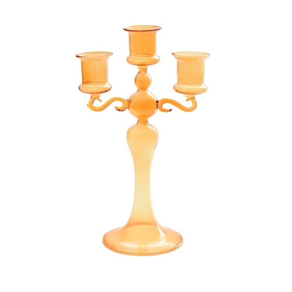 Candlelight Stand Creative Glass Candlestick Colorful Three-head Home Decoration Wedding Shooting Props Candle Sticks Holder(Orange)