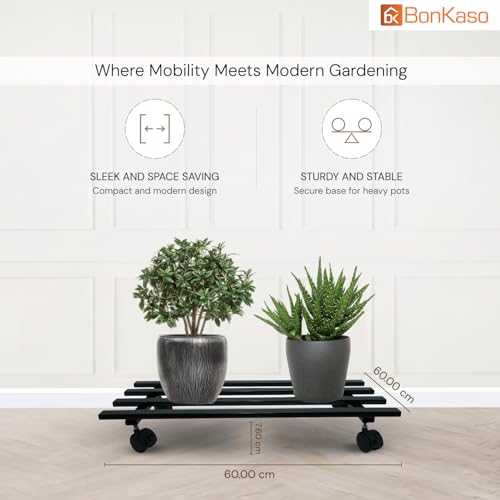 Image of BonKaso Rectangular Metal Plant Stand (Set of 2) with Wheels for Indoor & Outdoor Use (60x 22.9 x7.6 Cm) | Heavy Duty Flower Pot Holder | Holds Up to 100kg | Corner Plant Rack for Heavy Plants - Black