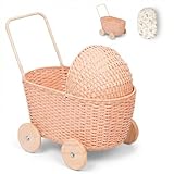 GON Stroller – 3 in 1 Rattan Puppenwagen, Einkaufwagen & Lauflernwagen für...
