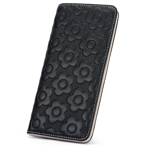 Ultra Slim Thin Wallet Women 3D Embossed Flower Leather Womens Wallet RFID Blocking Credit Card Holder Bifold Clutch Long Ladies Billfold Wallet for Women Black