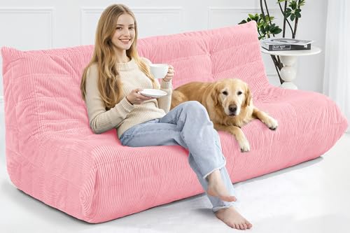 Image of Bean Bag Chair,Giant Beanbag Chairs for Adults,Comfy Large Fireside Chair Lazy Sofa,Corduroy Bean Bag Lounger with Memory Foam Filled,Floor Sofa Couch for Home,Living Room (Pink, 3-Seater)