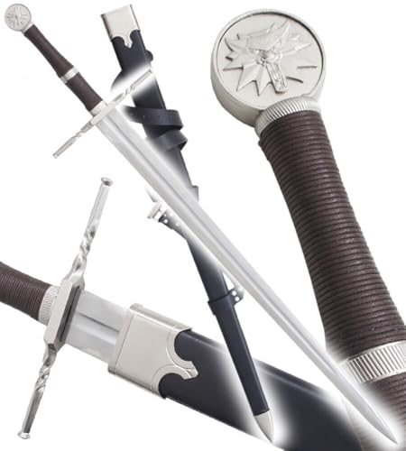 Geralts großes Schwert inspiriert von The Witcher, Schwert Replik mit Wolfskopf-Medaillon – Dekoratives Großschwert – Mit Holz-/Lederscheide – Mittelalterliches Design – Deko Waffe Für Wand & Regal