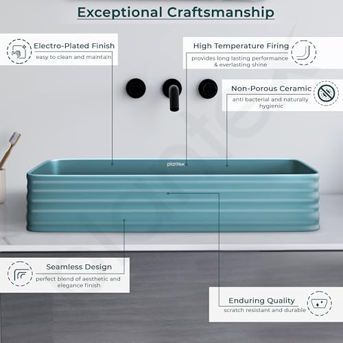 Image of Plantex Ceramic Designer Washbasin for Bathroom /Countertop Bathroom Basin /Rectangle Tabletop Wash Basin for Restaurant /Hotel (Harmony Blue - 26 x 15 x 5 Inch)