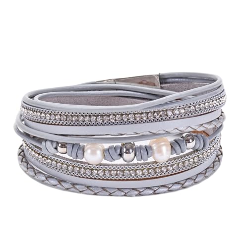Bracelet en zircone cubique et cuir gris de style bohème
