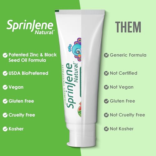 SprinJene Zahnpasta für Kinder mit Wassermelonen-Geschmack, Zahnpasta mit Fluor für Kinder, SLS-frei, Karieschutz, patentierte natürliche Formel (100 g (4er-Pack) – Bild 6