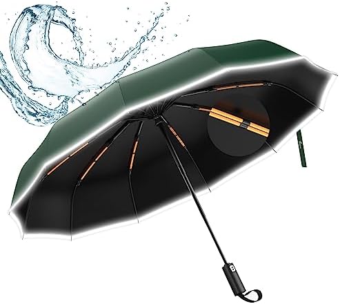 ANYCHO Big Umbrella for Men, 3 Fold with Reflective Stripe Travel Umbrella for Rain, Reinforced 12 Dual Ribs Windproof & Waterproof Folding Umbrella