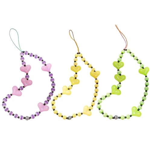 Staqlo 3PCS Handmade Heart Beads Phone Charm - Cute Colorful Phone Bracelet Lanyards and Wrist Straps zlax-245