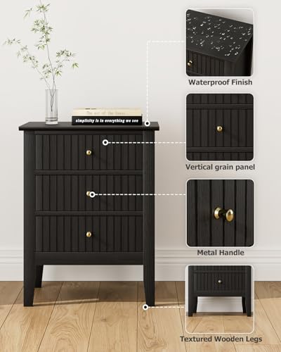 Image of Fluted Nightstand, Farmhouse Night Stand with 3 Drawers, Mid Century Modern Side Accent Table,Bedside End Table for Bedroom, Living Room, Black