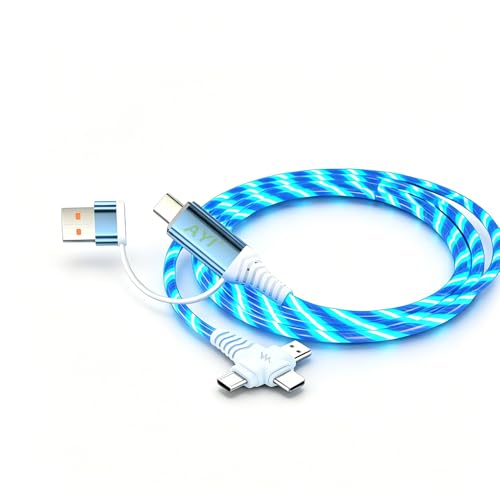 Image of AYI 6-in-1 USB Charging Cable with Blue Flowing LED Light, 1m PVC Tangle-Free Universal Sync Cord, Smart Trickle Charging for Phones, Tablets, and More (Cross-Shaped Design).