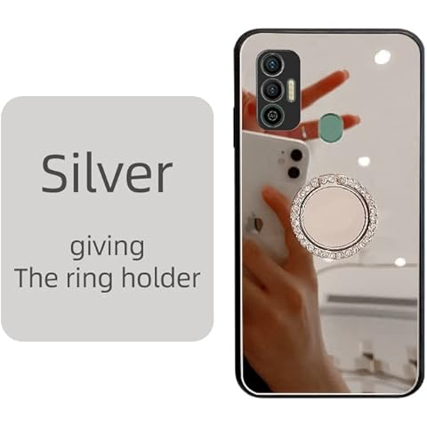 BLOTECH Mirror Sparkle Gel case for Tecno Spark 7 Case for Women Girls 9H Glass Shiny Luxury Glitter Silver Mirror Back Case with Kickstand Ring Holder TPU Bumper Phone Cover Cases for Tecno Spark 7 Cover