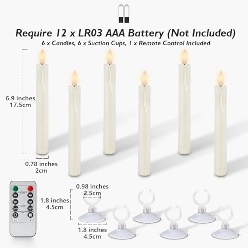 Image of Rhytsing 7 inches Flameless Window Candles with Suction Cups for Christmas, Battery Operated LED Taper Candles with Timer and Dimmable Function, Wax Dripping Design, Remote Control Included - Set of 6