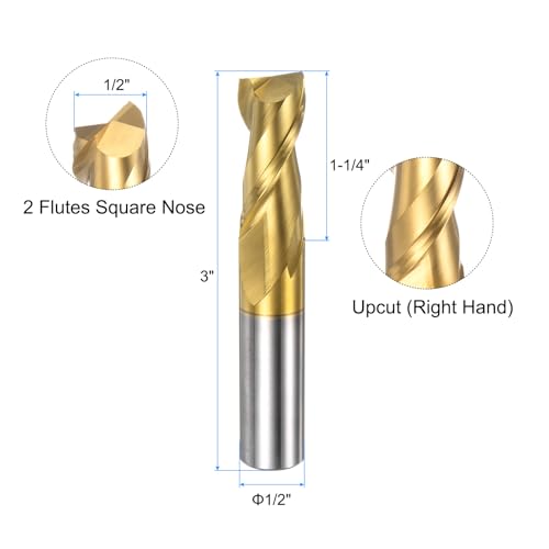 Image of uxcell Carbide Square End Mill, 1 /2 inch Diameter ZrN Coated 2 Flutes Milling Bit Cutter, for Aluminum Copper Non-Ferrous Alloy Metal, 1 /2 inch Shank 1-1 /4 inch Cut Length 3 inch Long