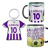 Kembilove® Pack Taza y Llavero Valladolid Personalizados | Regalo Fútbol con Nombre y Número | Aficionado Blanquivioleta | Taza Equipo Personalizada Niño Adulto | Detalle Fan del Valladolid