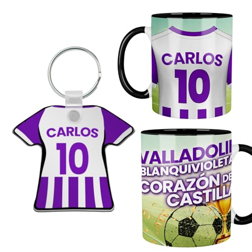 Kembilove® Pack Taza y Llavero Valladolid Personalizados | Regalo Fútbol con Nombre y Número | Aficionado Blanquivioleta | Taza Equipo Personalizada Niño Adulto | Detalle Fan del Valladolid