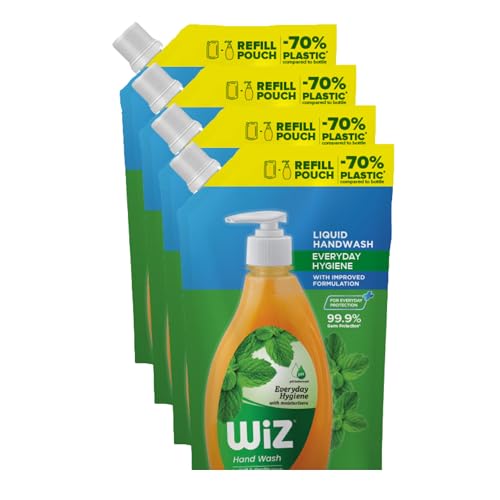Image of Wiz Liquid Hand Wash Refill Pouch - 1L (Pack of 4) | Everyday Hygiene | 70% Less Plastic | pH Balanced for Soft & Gentle Hands | Germ Protection | Moisturizing Formula