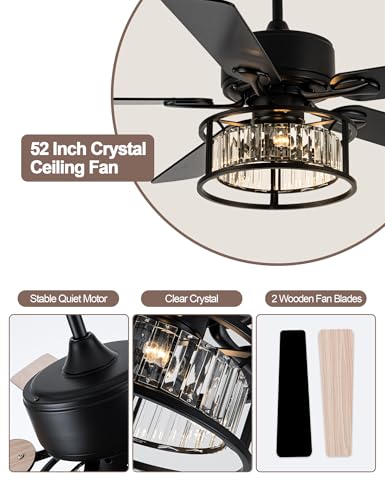 Image of 52'' Black Chandelier Fan Crystal Farmhouse Ceiling Fan with Light