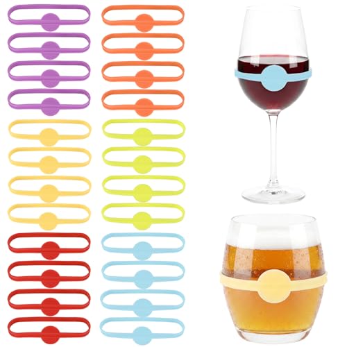 Drink Markers for Glasses 24 Pcs Cup Markers for Drinks Bottle Strip Tag Silicone Drink Labels Name Band Water Bottles Charm Wine Glass Marker for Glass Cup Beer Mug Jar Cocktail Bottle Identification