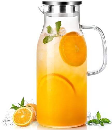 LUNA&MANTHA Glass Pitcher, 2 Liter 68oz Water Pitcher with Lid and Spout, Large Ice Tea Jug for Fridge, Thick Drink Jug with Handle for Juice, Coffee, Borosilicate Glass Carafe Hot/Cold Beverage