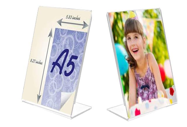 Image of Acrylic Sign Holder A5 Size (6 x 8.25 Inch) - Pack of 2 | Clear L-Stand Display Frame | Vertical Menu, Price List, Table Signage & Photo Holder | Durable 3mm Thick Acrylic