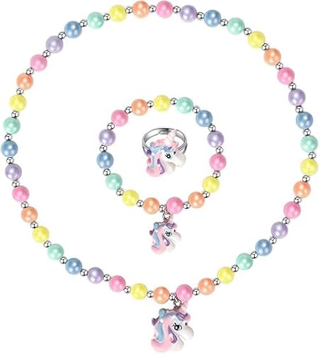 QIZHIQIAMY Einhorn Schmuck Set 3 Stück Einhorn Kette Armband Ring Bunte Kinderschmuck Perlenkette für Mädchen Geburtstag Geschenk, Party Outfit