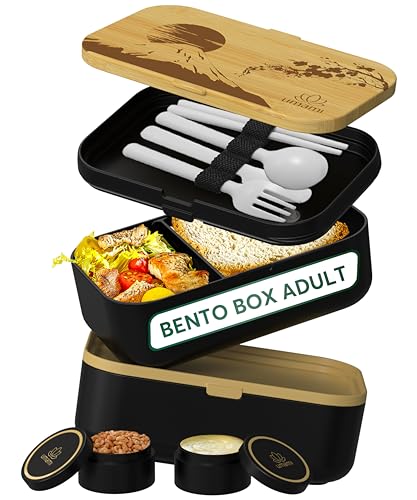 Umami Bento Box Adult All-in-1 w/4 Utensils, 2 Sauce Jars 2 Dividers, 100% Leakproof, Microwave & Dishwasher Safe Stackable Lunch Box Containers for Men/Women, Black & Tan Fuji, 2000 ml