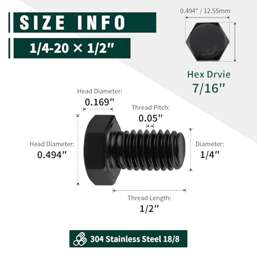 Image of 1 /4-20 x 1 /2 inch Hex Head Bolts Black, 304 Stainless Steel 18-8 Hexagon Head Screws Bolts, Black Oxide Finish, Allen Hex Drive, 20 PCS