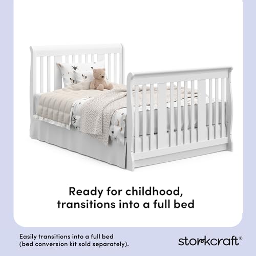 Image of Storkcraft Portofino 5-in-1 Convertible Crib and Changer - Crib and Changing Table Combo with Drawer, Converts to Toddler Bed, Daybed and Full-Size Bed, Storage Drawer (White)