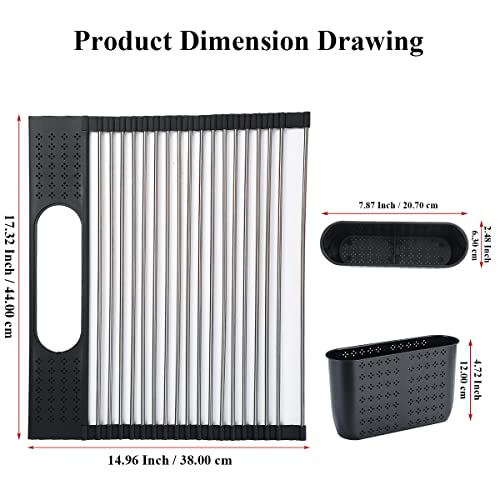 Berglander Dish Drying Rack Over The Sink, L17.5 by W 15" Rollable Stainless Steel Dish Rack with Removable Storage Basket, Perfect for Kitchen Sink