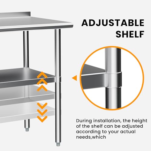 Image of Derro Stainless Steel Table for Prep & Work, 24 x 48 in, Metal Commercial Heavy Duty Table with Backsplash and Adjustable Under Shelf and Foot for Restaurant, Home and Hotel