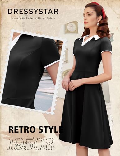 Dressystar Women V Neck 1950s Vintage Short Sleeves Dress Retro A Line Swing Rockabilly Cocktail Party Dresses with Pockets4
