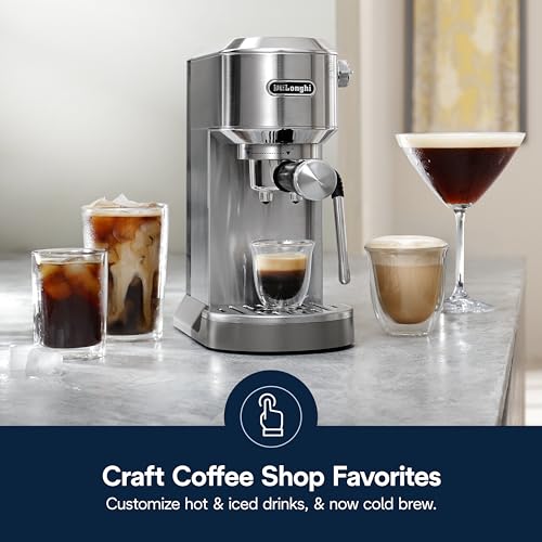Image of De'Longhi Dedica Duo Cold Brew Espresso Machine with Milk Frother, 15 Bar Pressure, Original Italian Barista Style Coffee Maker, Make Espresso, Latte, Cappuccino & Ice Coffee, Stainless Steel, EC890M