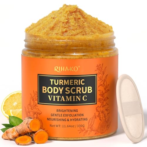 RIHAKO Turmeric Body Scrub Exfoliating Body Scrub with Vitamin C Deep Cleansing Skin Exfoliator Scrub Organic Moisturizing Skincare for Bikini Area Body Hands and Foot 11.64 oz