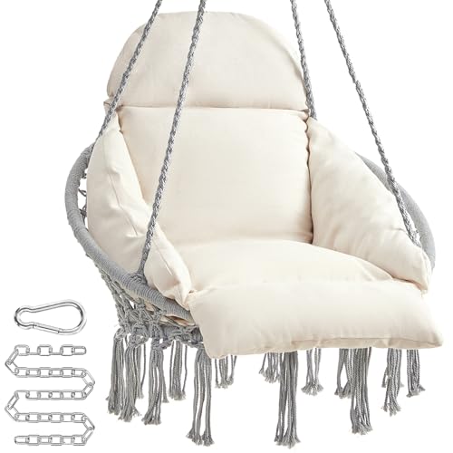 SONGMICS Hanging Chair, Hammock Chair with Large, Thick Cushion, Boho Swing Chair for Bedroom, Patio, Balcony, Garden, Holds up to 264 lb, Accessories Included, Dove Gray and Cream White UGDC042M11