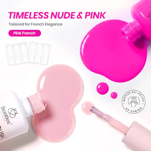 Image of Beetles French Gel Nail Polish Kit, 2 Colors 15ml Nude Pink and Hot Pink Gel Polish Set with French Tip Nail Stickers UV LED Soak Off Color Gel for DIY Pink French Manicure Nail Art